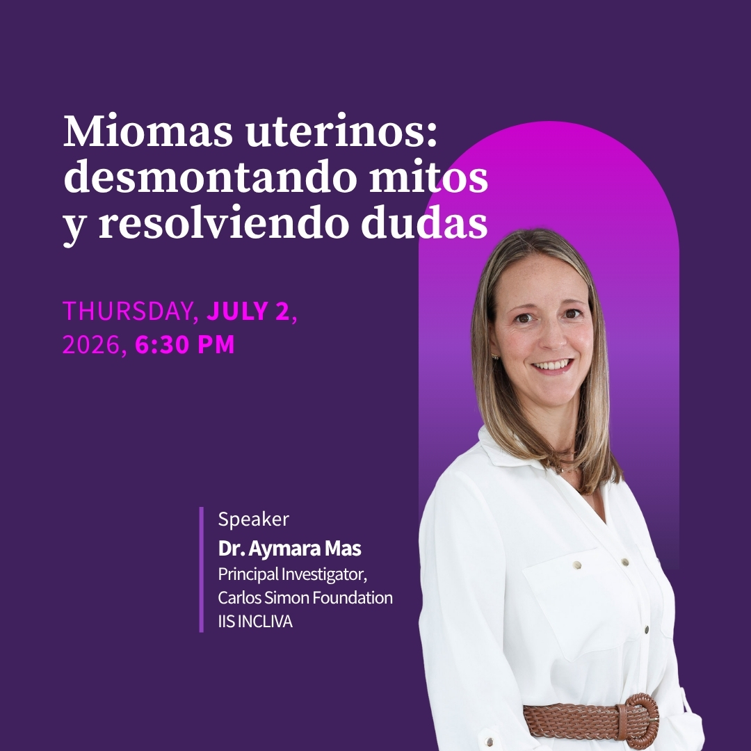 Promotional image for the FemCore webinar on uterine fibroids with Dr. Aymara Mas, organized by the Carlos Simon Foundation.